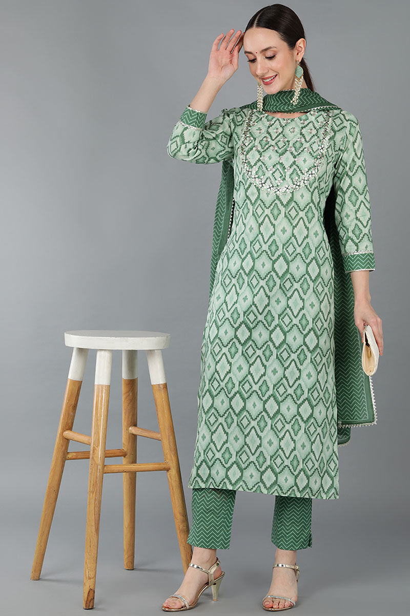 Women's Green Pure Cotton Gotta Patti Straight Suit Set - Rasiya - Distacart