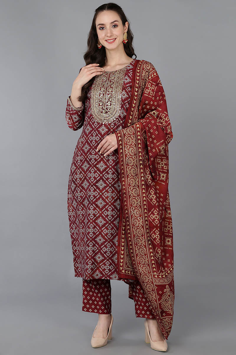 Women's Maroon Silk Blend Abstract Print Embroidered Straight Suit Set - Rasiya - Distacart