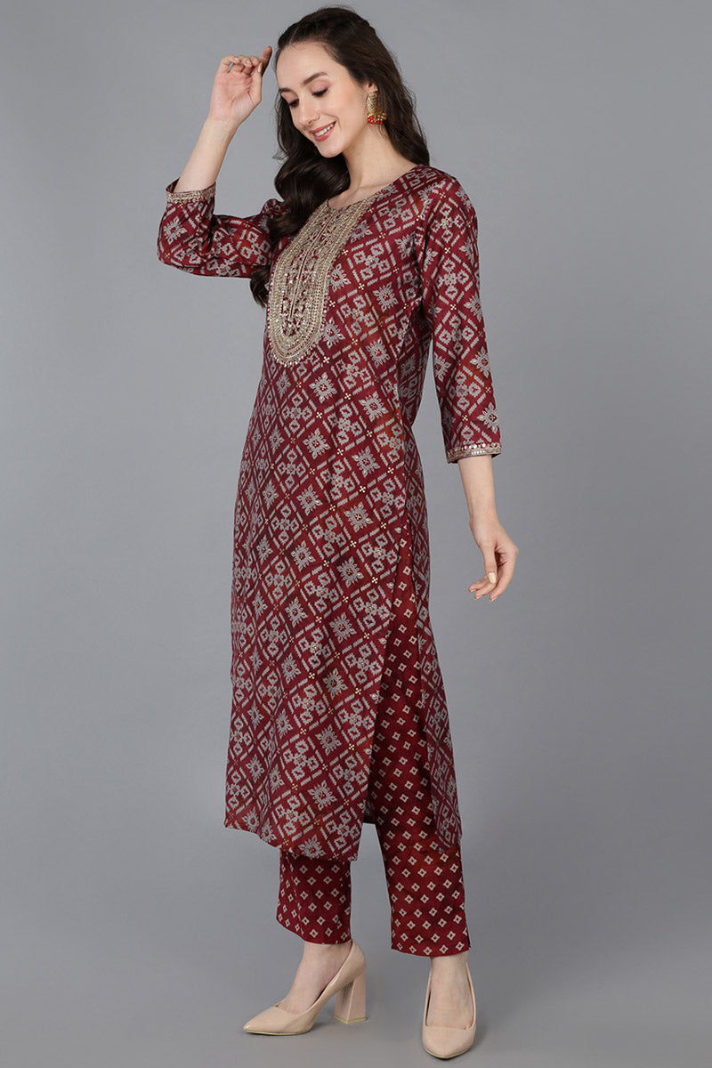 Women's Maroon Silk Blend Abstract Print Embroidered Straight Suit Set - Rasiya - Distacart