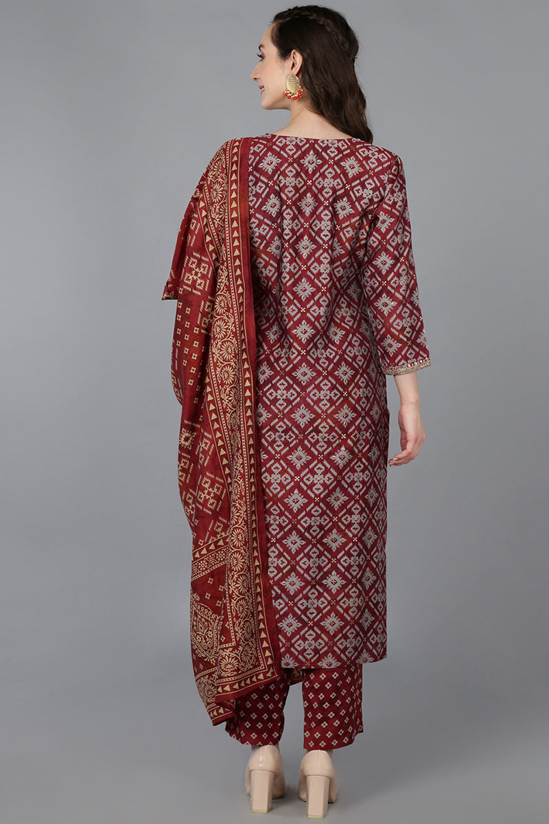 Women's Maroon Silk Blend Abstract Print Embroidered Straight Suit Set - Rasiya - Distacart