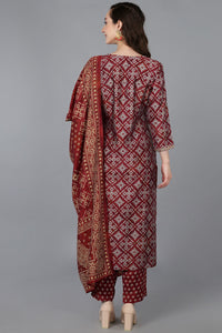 Thumbnail for Women's Maroon Silk Blend Abstract Print Embroidered Straight Suit Set - Rasiya - Distacart