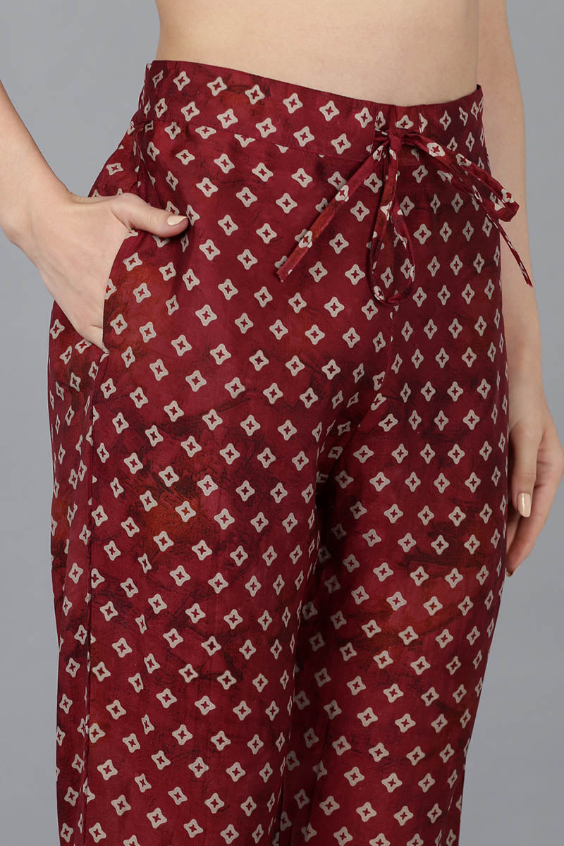 Women's Maroon Silk Blend Abstract Print Embroidered Straight Suit Set - Rasiya - Distacart