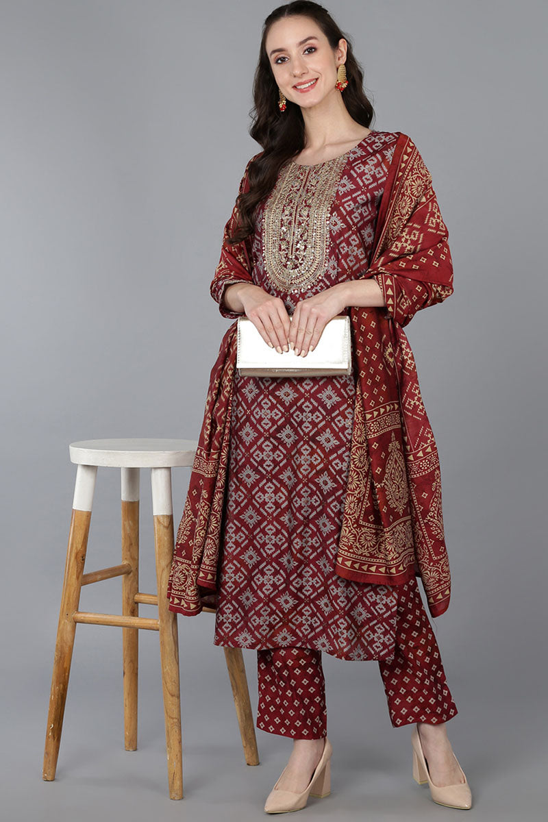 Women's Maroon Silk Blend Abstract Print Embroidered Straight Suit Set - Rasiya - Distacart