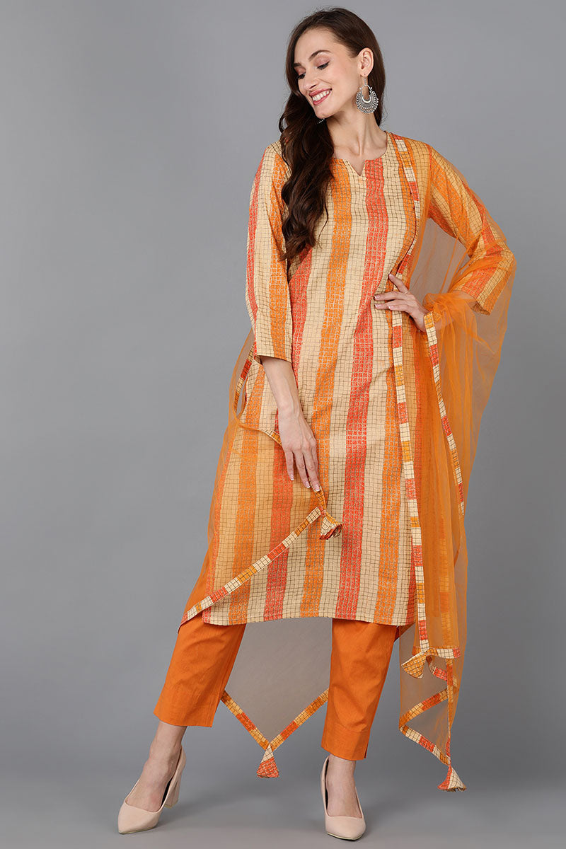 Women's Beige Rayon Blend Checks Straight Kurta Pant With Dupatta - Rasiya - Distacart