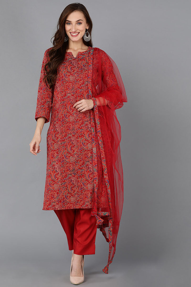 Women's Red Rayon Blend Floral Straight Kurta Pant With Dupatta - Rasiya - Distacart