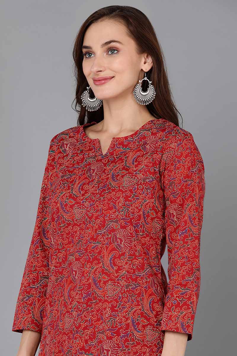 Women's Red Rayon Blend Floral Straight Kurta Pant With Dupatta - Rasiya - Distacart