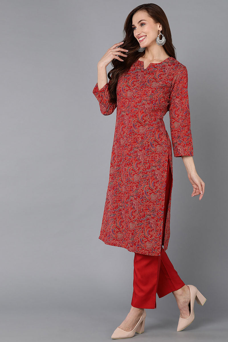 Women's Red Rayon Blend Floral Straight Kurta Pant With Dupatta - Rasiya - Distacart