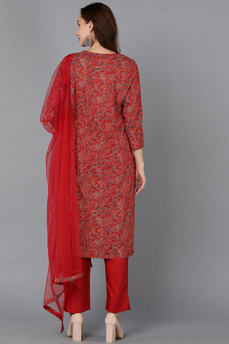 Women's Red Rayon Blend Floral Straight Kurta Pant With Dupatta - Rasiya - Distacart