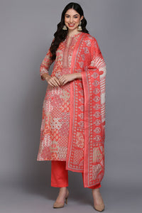 Thumbnail for Women's Cotton Coral Peach Printed Straight Kurta Pant With Dupatta - Rasiya - Distacart