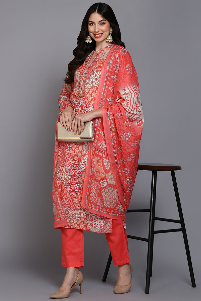 Women's Cotton Coral Peach Printed Straight Kurta Pant With Dupatta - Rasiya - Distacart