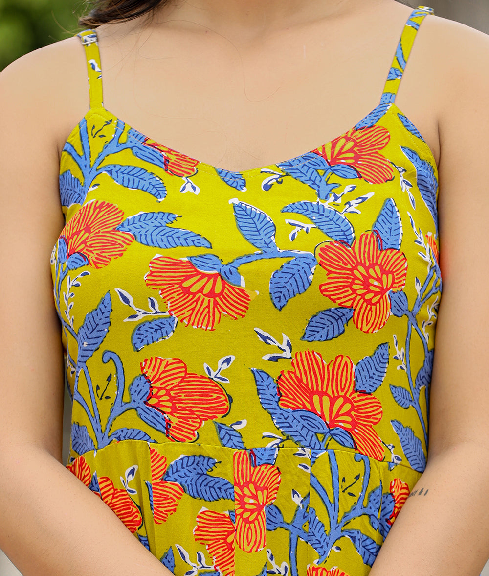 Buy Kaajh Women's Floral Green Hand Block Print Sleeveless Dress Online at  Best Price