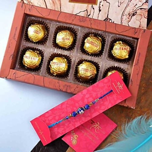 Blue Beads Work Rakhi & Handmade Assorted Chocolate Box Combo