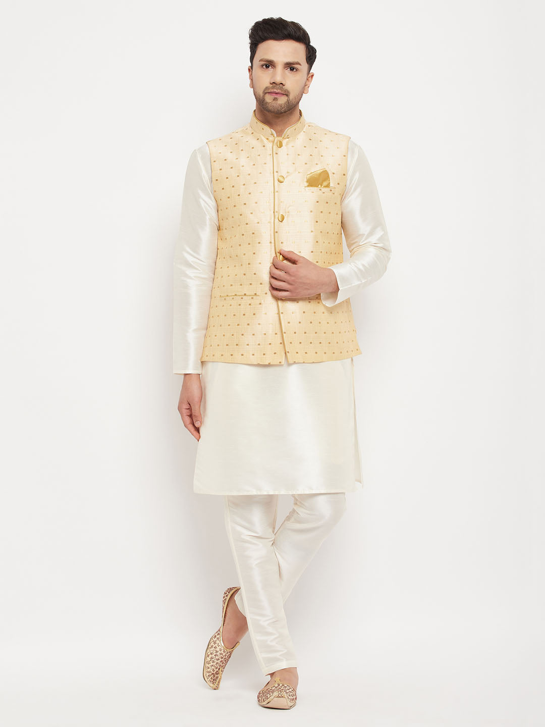 Buy online White Solid Kurta Pyjama Set With Yellow Nehru Jacket from  Clothing for Men by Tahvo for ₹2229 at 55% off | 2024 Limeroad.com