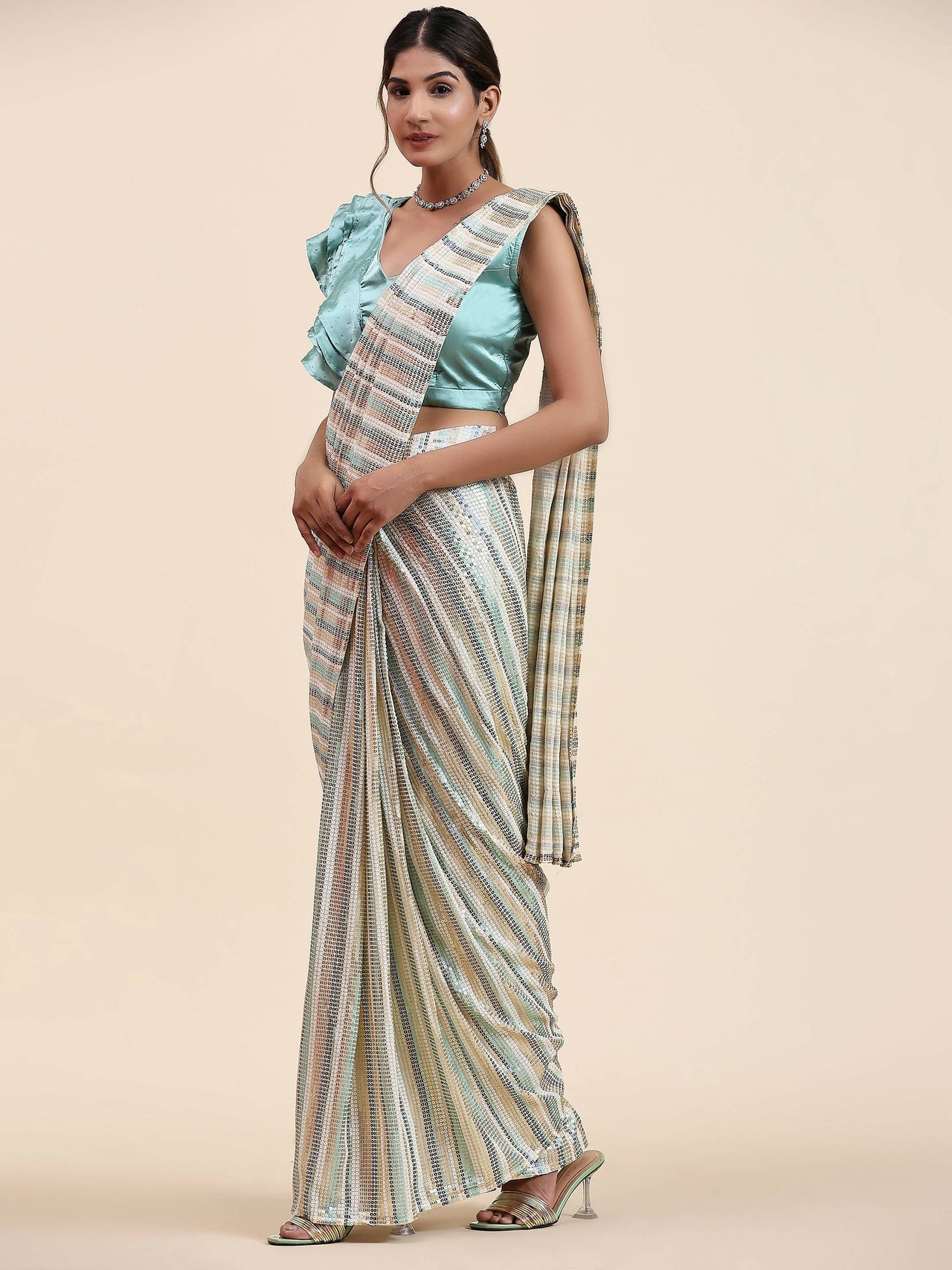 Sky Blue Pure Georgette Sequence work Ready to wear Saree with stitched Blouse - Satiksha - Distacart