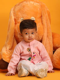 Thumbnail for Vastramay Front Open Cotton Kurta With Cute Catoon Motifs Embroidered Placket for Boys - Distacart