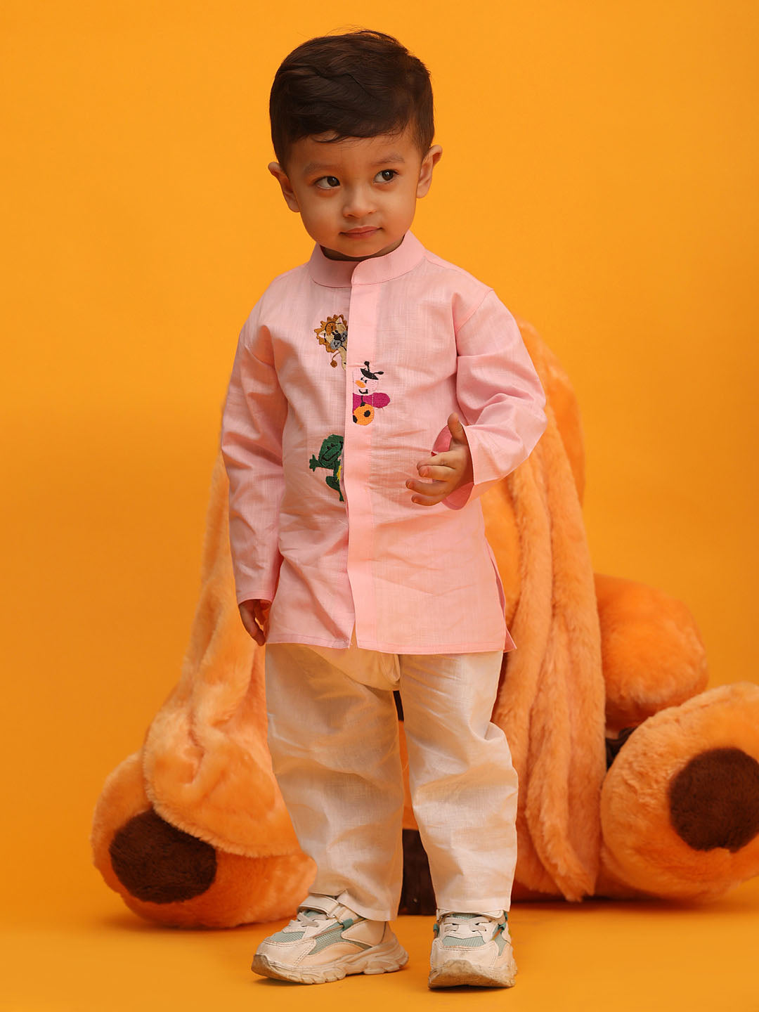 Vastramay Front Open Cotton Kurta With Cute Catoon Motifs Embroidered Placket for Boys - Distacart