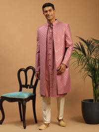 Thumbnail for Shrestha By Vastramay Men's Onion Pink And Cream Viscose Sherwani Set - Distacart