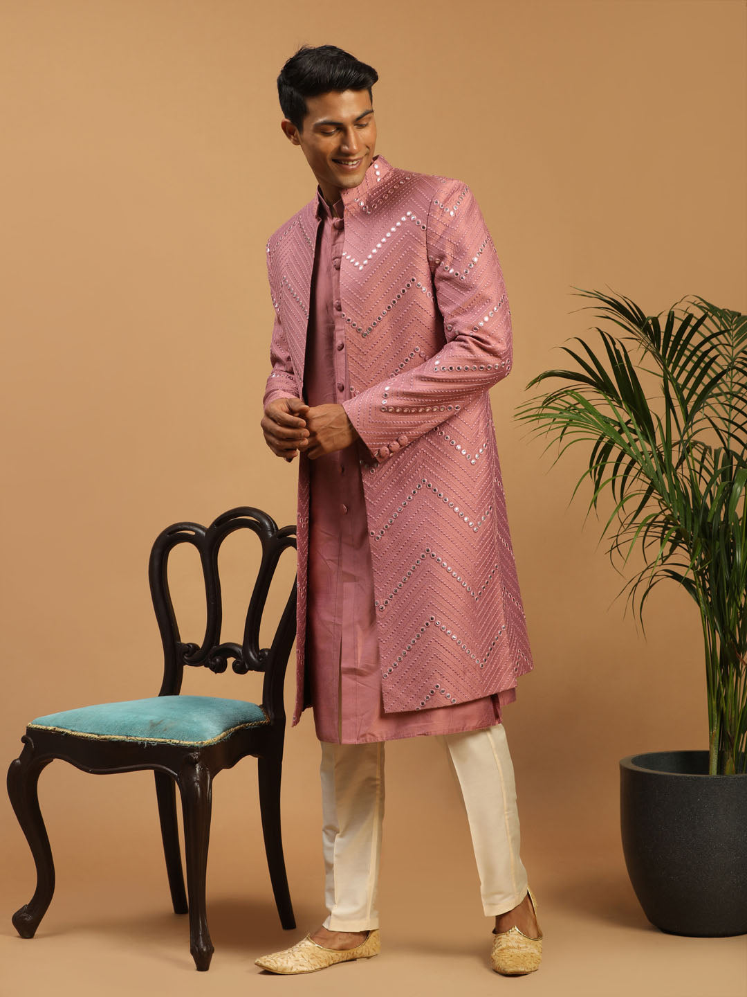 Shrestha By Vastramay Men's Onion Pink And Cream Viscose Sherwani Set - Distacart