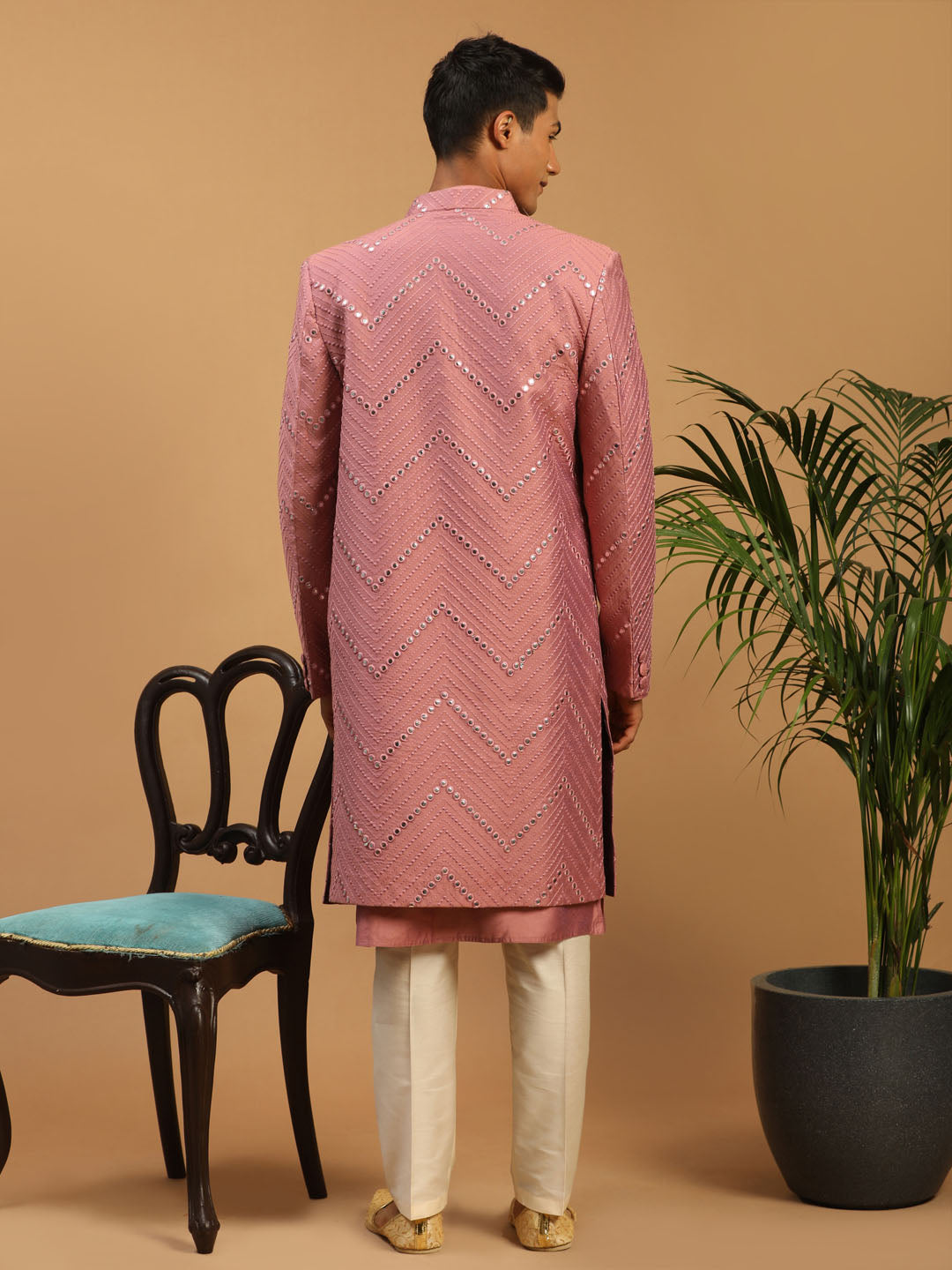 Shrestha By Vastramay Men's Onion Pink And Cream Viscose Sherwani Set - Distacart