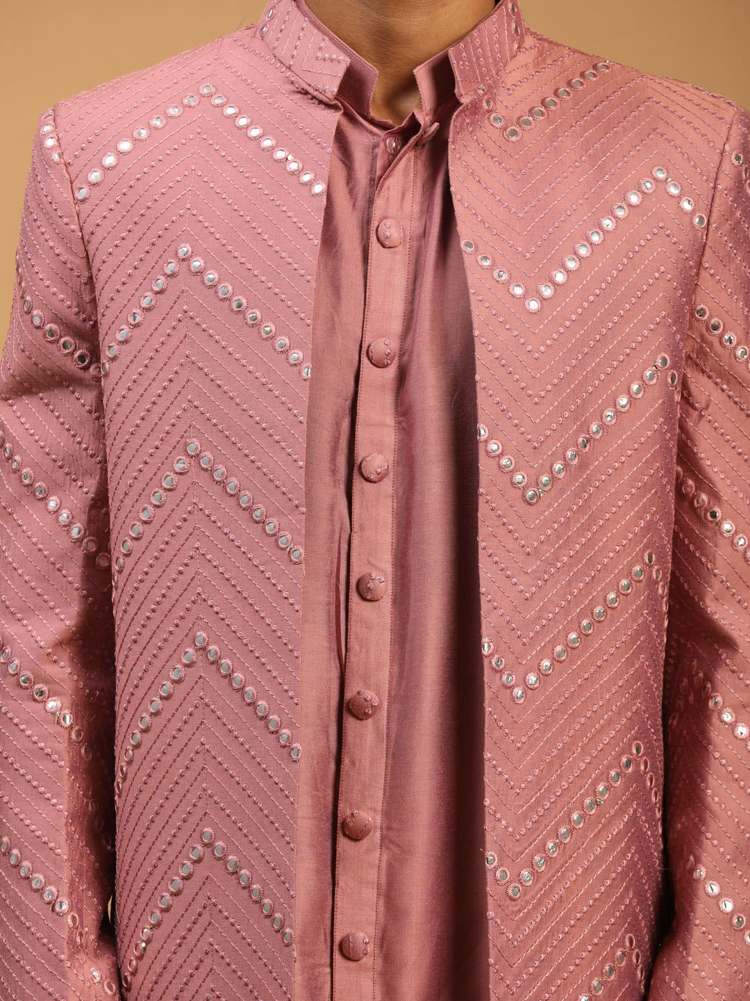 Shrestha By Vastramay Men's Onion Pink And Cream Viscose Sherwani Set - Distacart