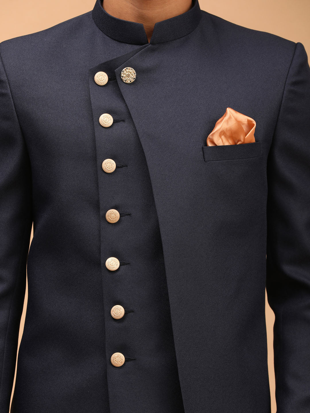 Shrestha by Vastramay Men's Navy Blue Cotton Blend Sherwani Only Top - Distacart