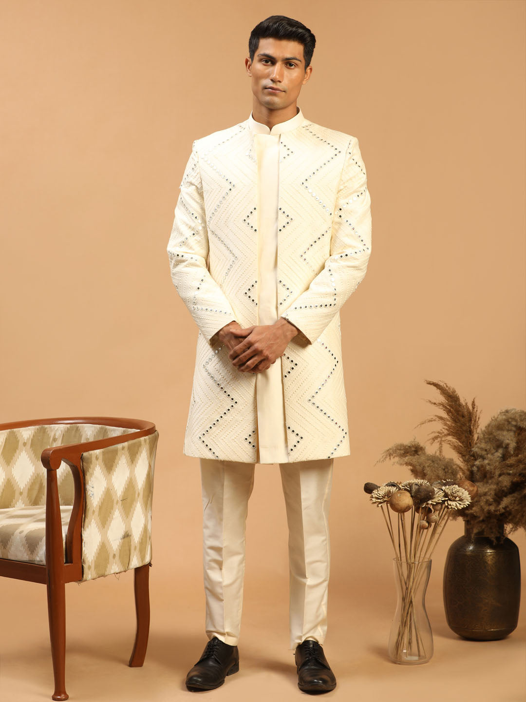 Shrestha By Vastramay Men's Cream Viscose Sherwani Set - Distacart