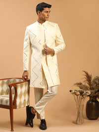 Thumbnail for Shrestha By Vastramay Men's Cream Viscose Sherwani Set - Distacart