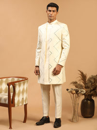 Thumbnail for Shrestha By Vastramay Men's Cream Viscose Sherwani Set - Distacart