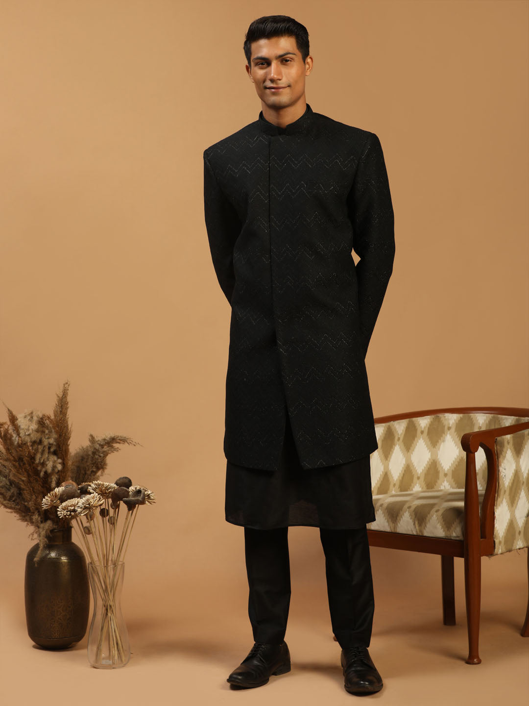 Shrestha By Vastramay Men's Black Viscose Sherwani Set - Distacart