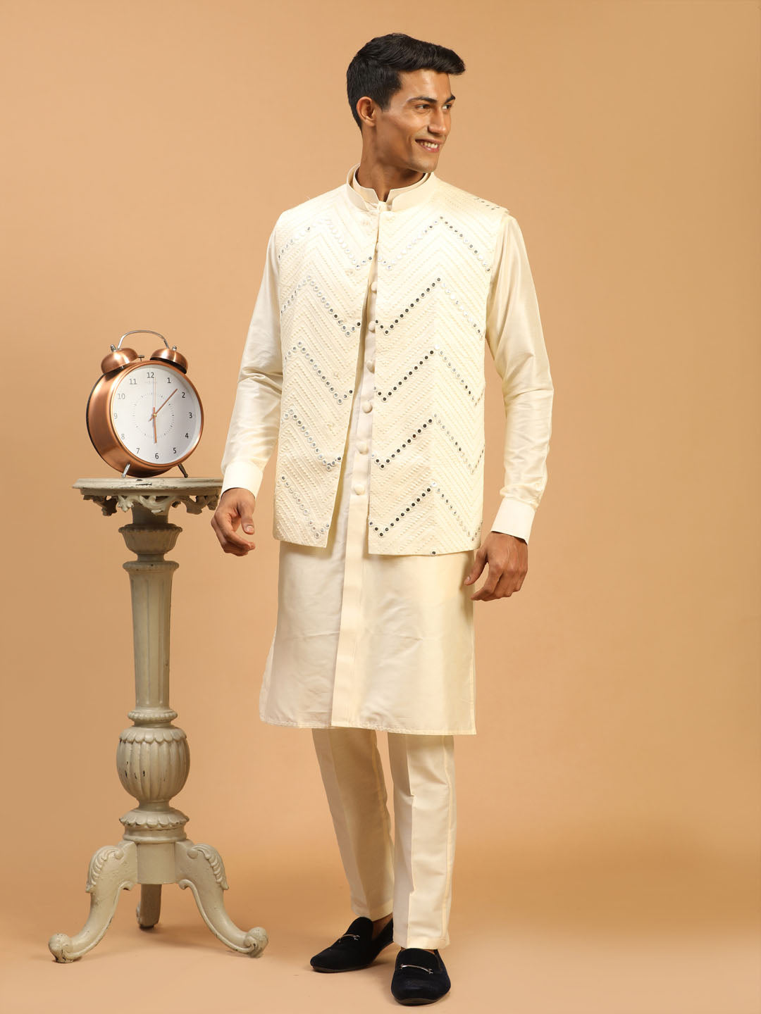 Cream colour kurta hot sale with waistcoat