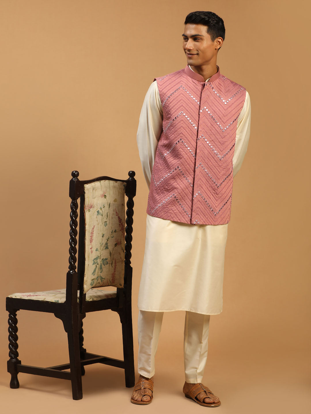 Shrestha By Vastramay Men's Onion And Cream Viscose Jacket, Kurta And Pyjama Set - Distacart