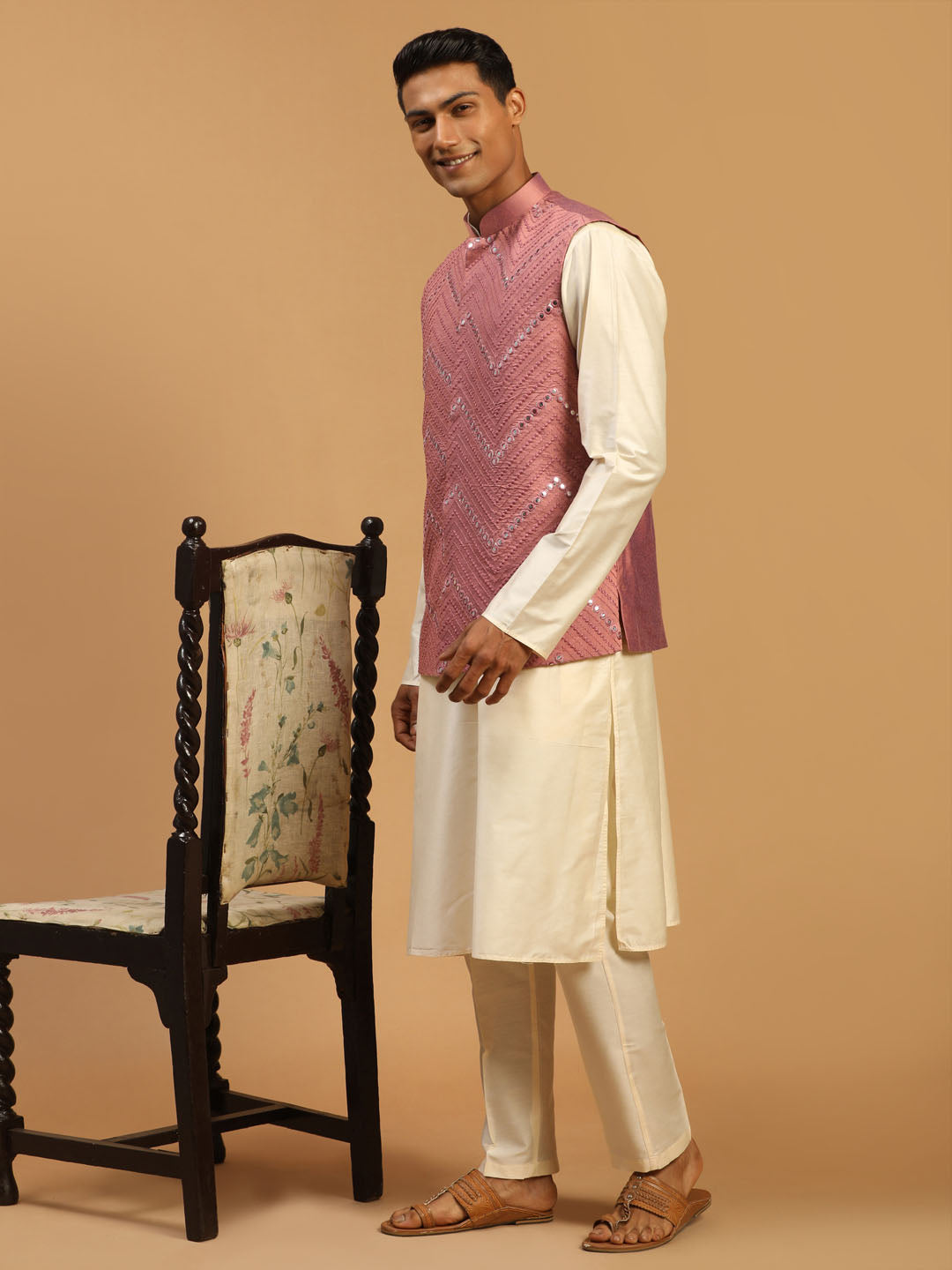 Shrestha By Vastramay Men's Onion And Cream Viscose Jacket, Kurta And Pyjama Set - Distacart