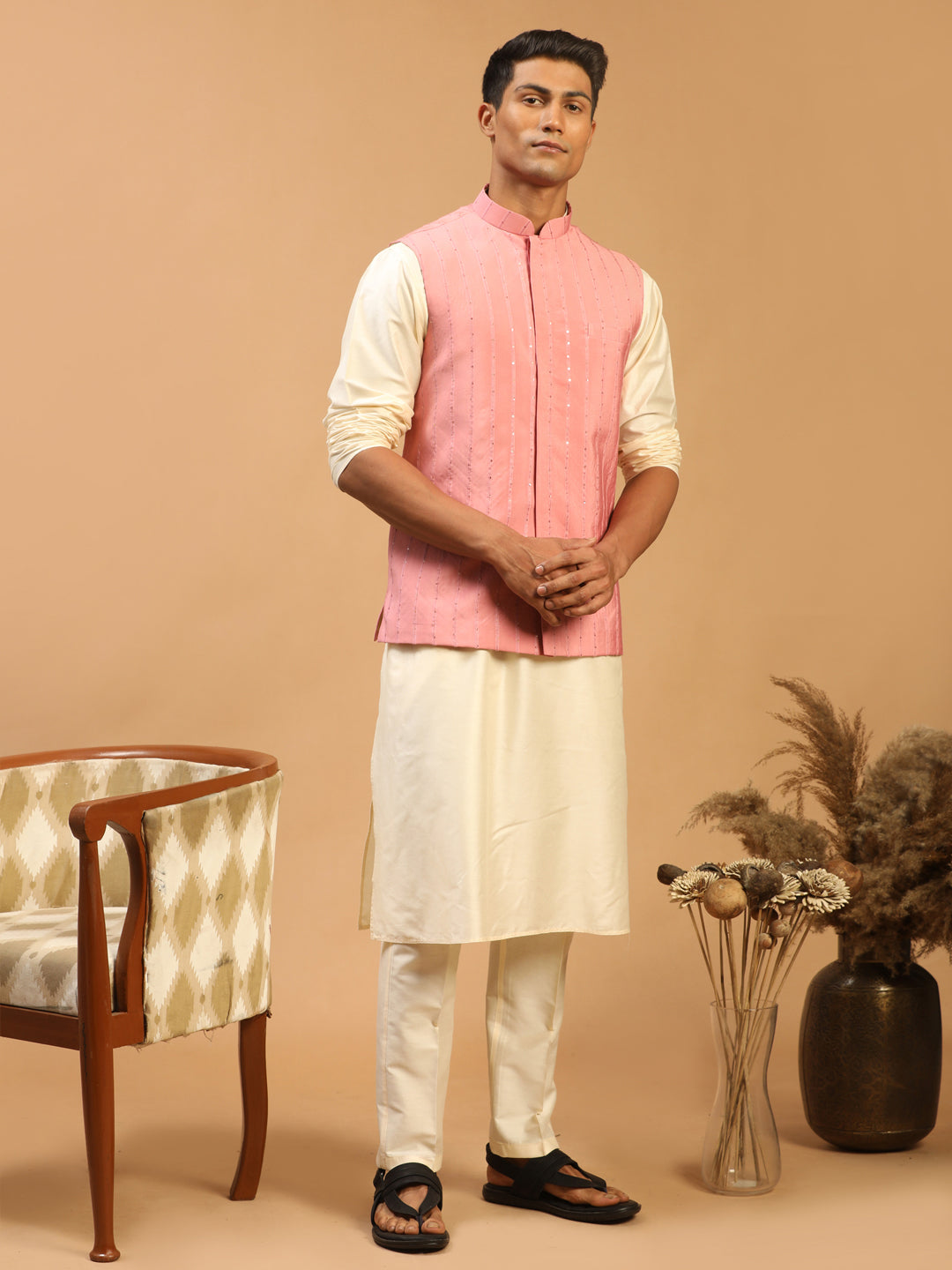 Sojanya (Since 1958) Men's Silk Blend Pink Kurta Pyjama & Pink Nehrujacket  Combo