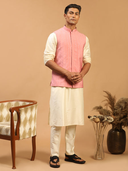 Shrestha By Vastramay Men's Cream And Pink Viscose Jacket, Kurta And Pyjama Set - Distacart