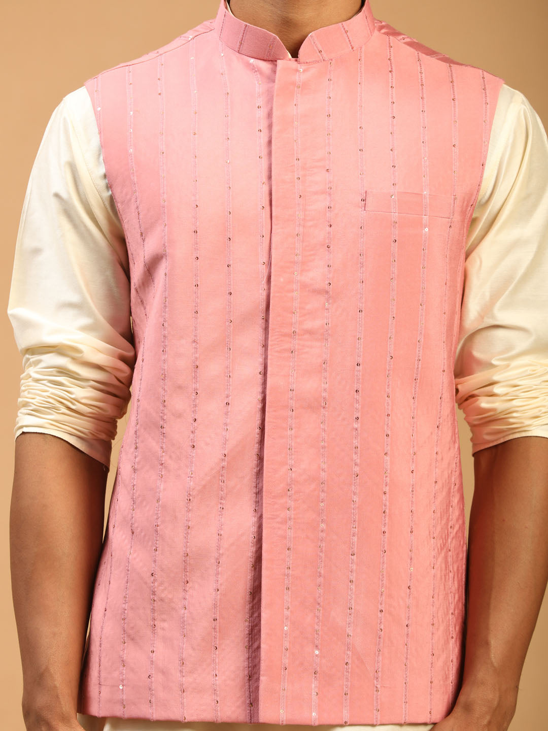 Shrestha By Vastramay Men's Cream And Pink Viscose Jacket, Kurta And Pyjama Set - Distacart