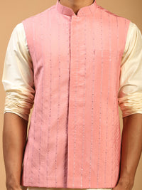 Thumbnail for Shrestha By Vastramay Men's Cream And Pink Viscose Jacket, Kurta And Pyjama Set - Distacart