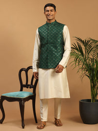 Thumbnail for Shrestha By Vastramay Men's Cream Cotton Blend Jacket, Kurta & Pyjama - Distacart