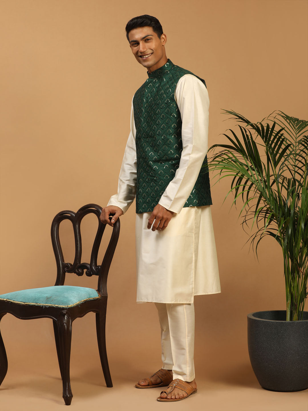 Shrestha By Vastramay Men's Cream Cotton Blend Jacket, Kurta & Pyjama - Distacart