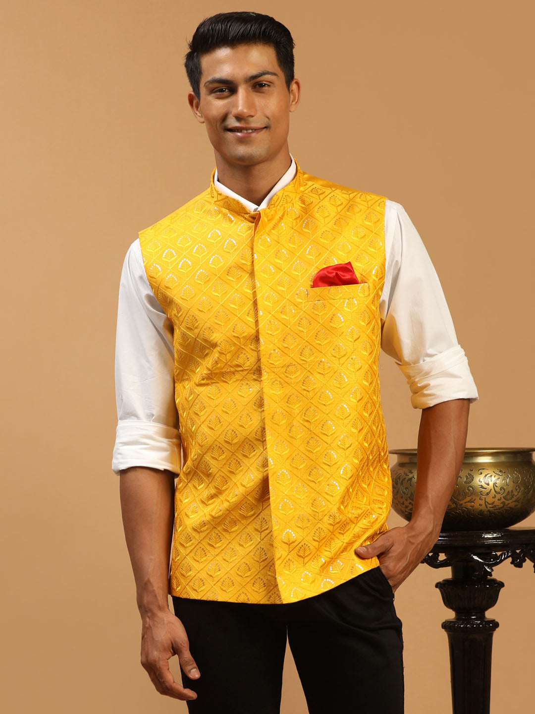 Buy Yellow, Dark Gold Art Banarasi Silk Nehru Jacket (NMK-5631) Online