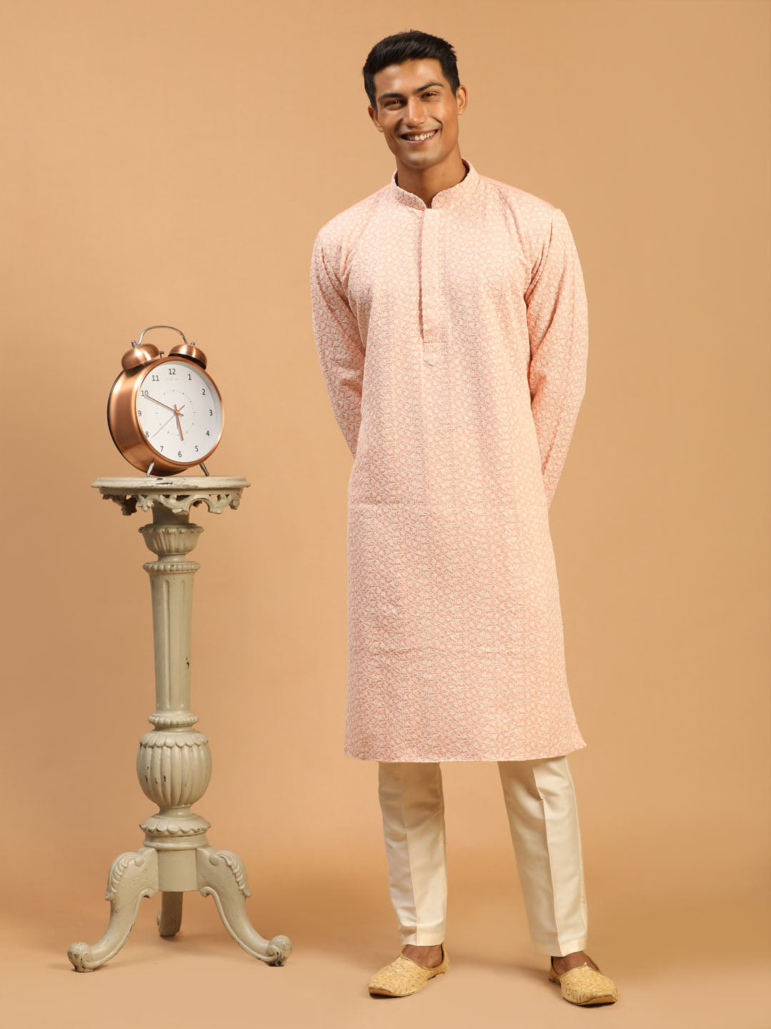 Shrestha By Vastramay Men's Pink And Cream Georgette Kurta Pyjama Set - Distacart