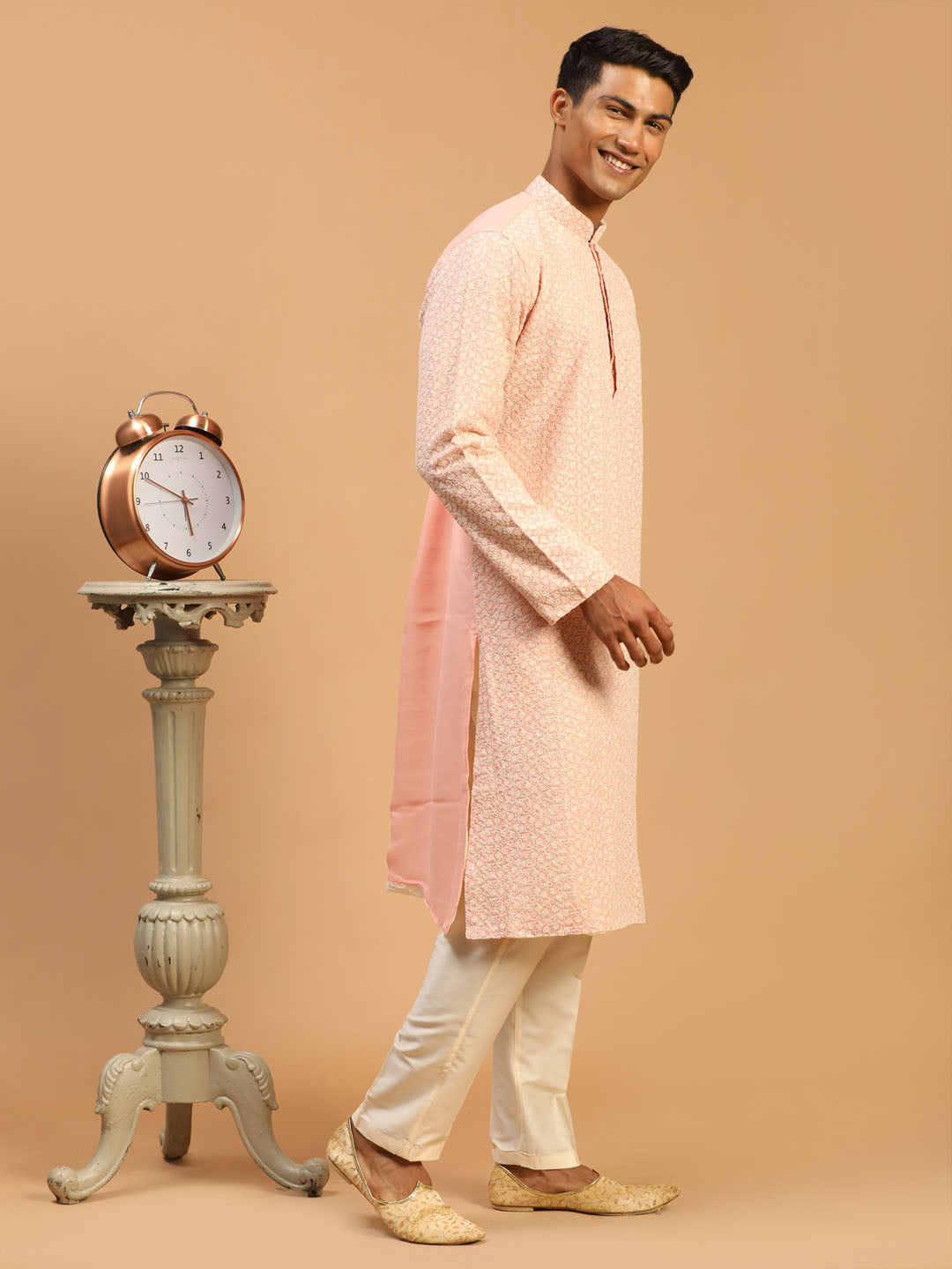 Shrestha By Vastramay Men's Pink And Cream Georgette Kurta Pyjama Set - Distacart