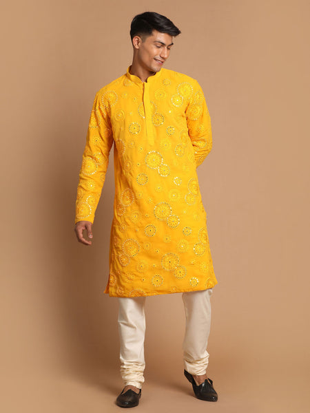 Shrestha by Vastramay Men's Yellow And Cream Georgette Kurta Pyjama Set - Distacart