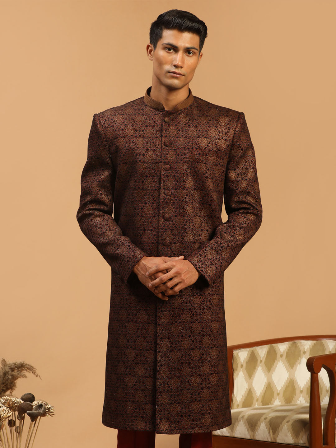 Shrestha By Vastramay Men's Maroon Silk Blend Sherwani Only Top - Distacart