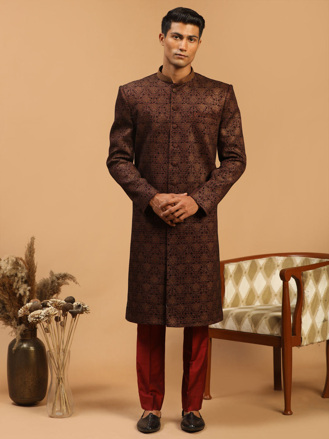 Shrestha By Vastramay Men's Maroon Silk Blend Sherwani Only Top - Distacart