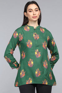 Thumbnail for Women's Green Cotton Ethnic Motifs Regular Tunic Top - Rasiya - Distacart