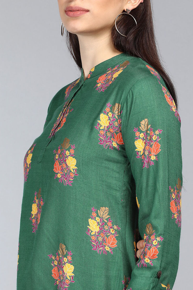 Women's Green Cotton Ethnic Motifs Regular Tunic Top - Rasiya - Distacart