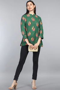 Thumbnail for Women's Green Cotton Ethnic Motifs Regular Tunic Top - Rasiya - Distacart