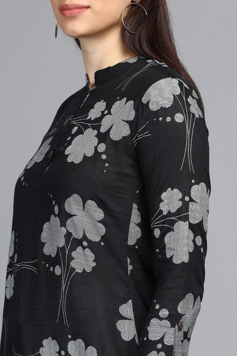 Women's Black Cotton Floral Print Regular Tunic Top - Rasiya - Distacart