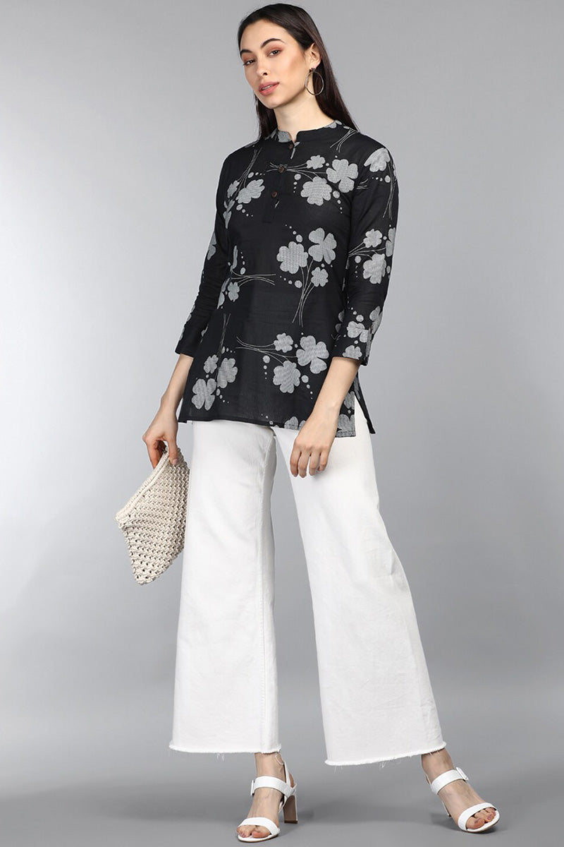 Women's Black Cotton Floral Print Regular Tunic Top - Rasiya - Distacart