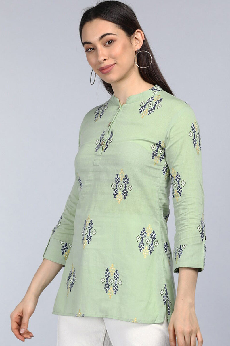 Women's Green Cotton Ethnic Motifs Regular Tunic Top - Rasiya - Distacart